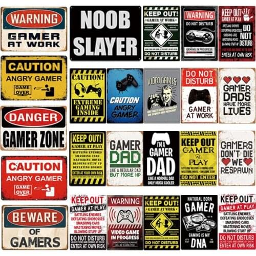 Funny Gamer Metal Sign Tin Sign Gamer At Work Sign Retro Signs Wall Decor For House Home Room Metal Signs Tin Signs