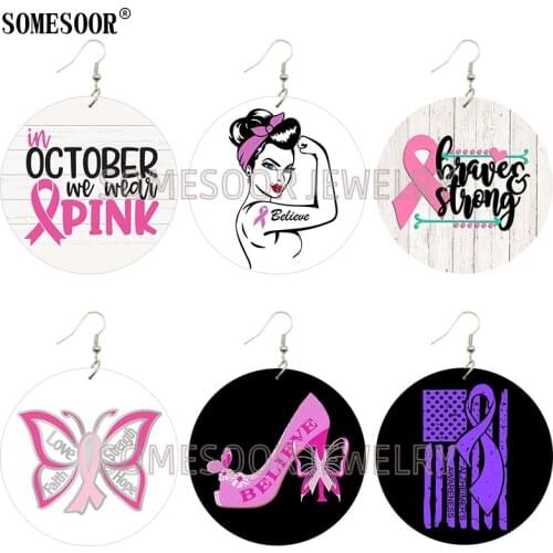 SOMESOOR In October We Wear Pink Ribbon Fight Cancer Wooden Both Sides Printing Round Drop Earrings For Women Gifts