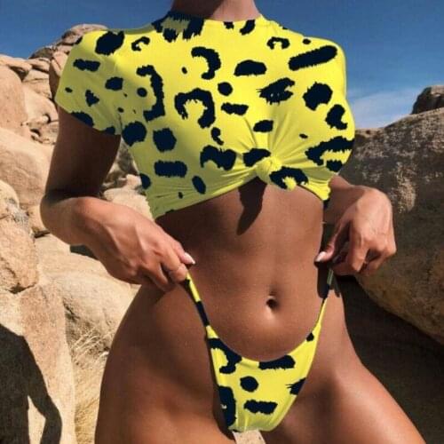Knot crop top bikini 2020 Leopard swimwear women bathers Yellow push up swimsuit female T-shirt thong bikini sexy bathing suit
