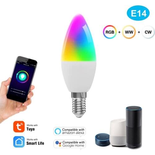 WiFi Smart Bulb RGB+WW+CW LED Candle Bulbs E14 Chandelier Light Bulbs SmartLife APP Remote Control Dimmable 3000K-6000K 4W