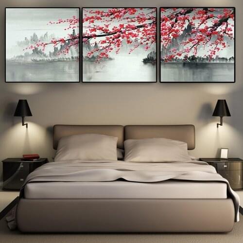 Vintage Chinese Style Red Plum Blossom Lake Posters and Prints Canvas Painting Wall Art Picture for Living Room Adornment Decor