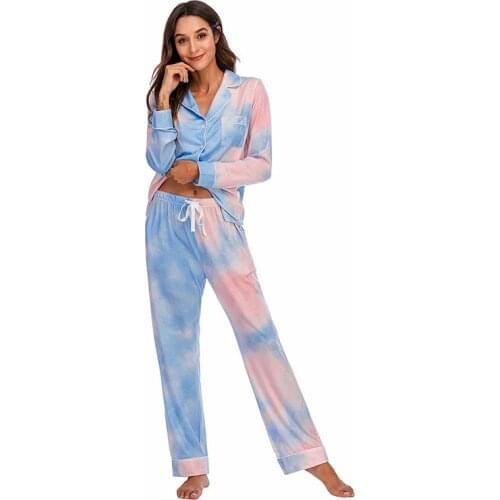Witbuy Modal Sleepwear Women Pajama Sets Tie Dye Autumn Long Sleeve Gradual Homewear Turn-down Collar Female Night Wear 2PCS
