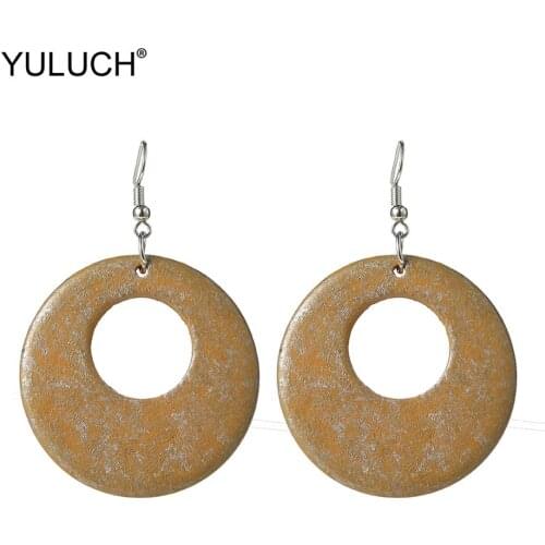 YULUCH Fashion Jewelry Ethnic Long Big Dangle Earrings Women Vintage Imitation Rust Round Hollow Natural Wooden Pendant Earrings