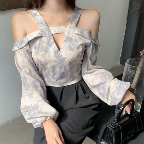 Blouse Women V Neck Spring 2021 New Off shoulder drawstring ink Rose Print One shoulder Lantern Long Sleeve Womens Top 621A