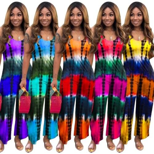 Women Jumpsuit Tie Dye Print Sleeveless Strap V-neck Loose Straight Jumpsuits One Piece Overalls Summer Outfits