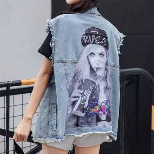 Harajuku plus size Jacket Hole Denim Vest Womens Short Spring Summer 2021 Vest Korean Loose Printed Waistcoat Sleeveless Tide