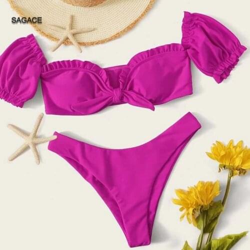 SAGACE Bikini Set Women Summer Split Swimsuit Sexy Solid Lace Up High Cut Leg Halter Bikini Swimwear Lady 2020Beach biquini A521