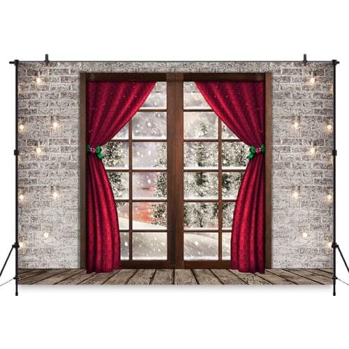 Winter Window Snow Scene Photography Backdrops Christmas Decoration Gray Brick Wall for Family Photographic Background Studio