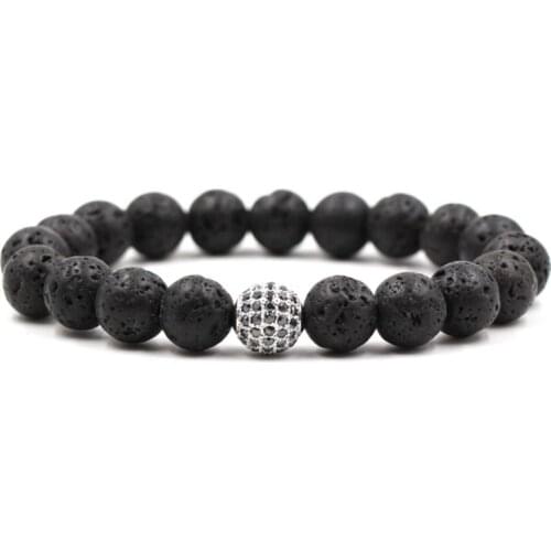 10mm kh5 elastic adjusted nature black stone volcanic lava bead micro pave cz zircon cubic zirconia ball Bracelet