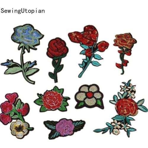 10PCS Red Rose 3D Sew on Sequins Flowers Patch Clothes DIY Iron on Patches for Clothing T-shirt Dress
