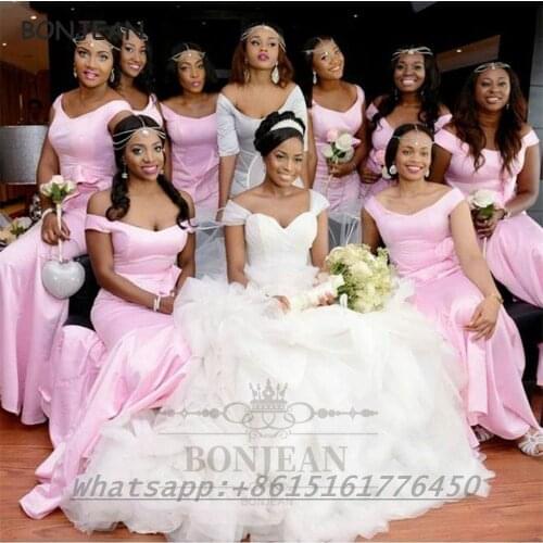 2021 Pink Bridesmaid Dresses Black Girls Mermaid South African Off-The-Shoulder Lace Ups Back Bridesmaid Dress Party Dress