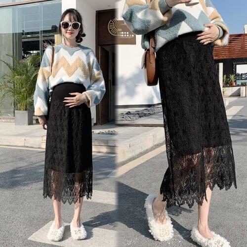 8524# Hollow Out Lace Maternity Long Skirts 2020 Spring Korean Fashion Belly Skirts Clothes for Pregnant Women Elegant Pregnancy