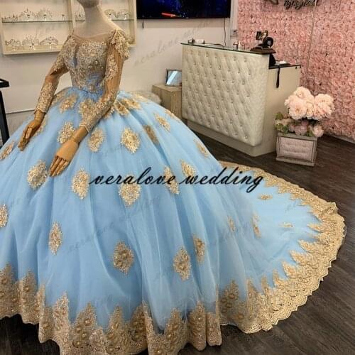 Ball Gown Quinceanera Dresses 2021 Gold Appliques Beads Sweet 16 Dress Party Wear Princess Gowns Xv Años Vestidos De 15 Años