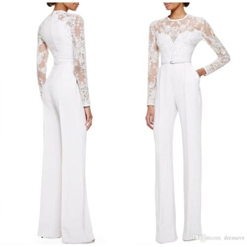 White Mother Of The Bride Pant Suits Jumpsuit With Long Sleeves Lace Embellished Women Formal Evening Wear Custom Made