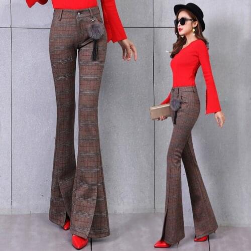 Elegant womens Plaid pants new winter woolen flared pants womens high waist trousers slim women wool pants plaid pants women