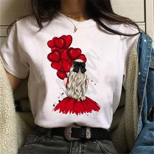 FIXSYS New Fashion T Shirt Red Balloon Print Women Tshirt Casual Summer Short Sleeves T Shirts 90s Yong Girl Tops Tees