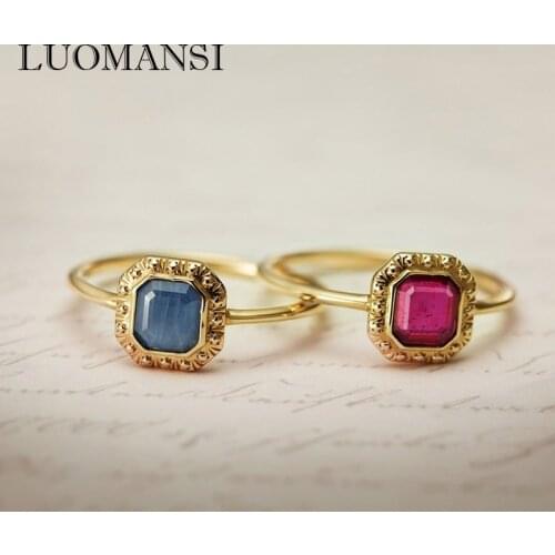 Luomansi S925 Sterling Silver 10K Gold Ring Ruby Blue Crystal Emerald Retro Ring Party Anniversary Gift