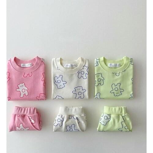 Korean Baby Summer Cute Bear Two Pieces Sets Unisex Boys Girls Cartoon Leisure Cotton Top Shirts PP Shorts Suits Toddler Outfits