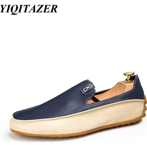 YIQITAZER Brand Cool Summer Casual Shoes Men Loafers,Men Shoes Leather Genuine Shoes Man Plus size 36-47