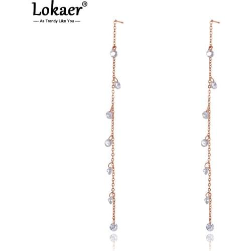 Lokaer Trendy Titanium Stainless Steel White CZ Crystal Tassel Earrings Bohemia Long Ear Line Jewelry For Women Girls E20319