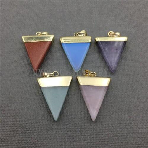 MY0623 Mix Stone Triangle Point Pendant,Pink Crystal Amethysts Gold Sand Opal Aventurine Gems Stone Pendant Gold Electroplated