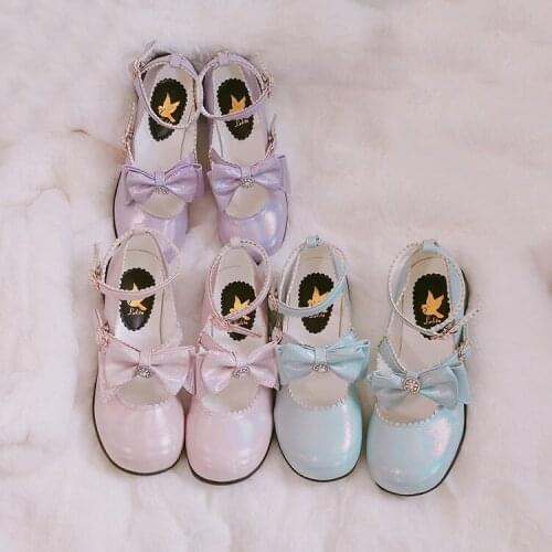 2020 New Style Lolita womens shoes bow Merlot Japanese Lolita shoes lace girl round head middle heel Lolita single shoes