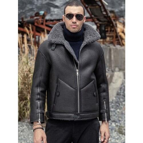 2020 Winter New Mens Shearling Jacket Black Leather Coat Short Fur Parkas Thicken Sheepskin Overcoat