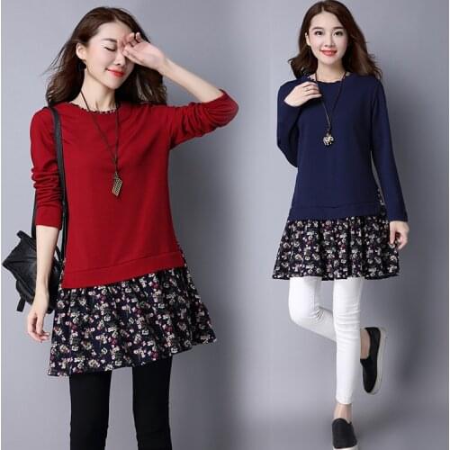 Autumn Fashion Office Lady A-line Solid Natural O-neck Patchwork Fake Two Pieces Floral Long Sleeve Women Plus Size Dress