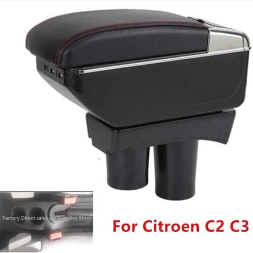 For Citroen C2 C3 armrest box USB Charging heighten Double layer central Store content cup holder ashtray accessories