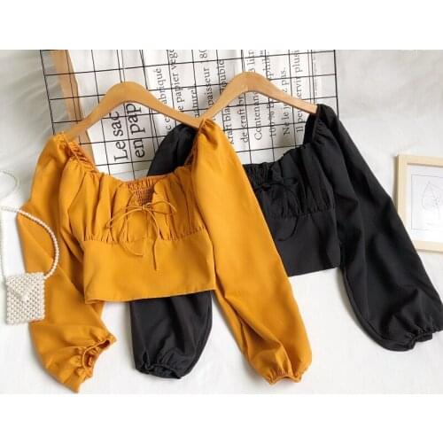 Fitaylor Spring Summer Women Fashion Square Collar Puff Sleeve Short Shirts Female Slim Bow Lace-up High Waist Solid Color Tops