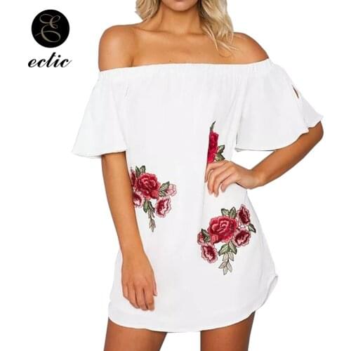 Sexy Women Floral Embroidery Dress Off Shoulder Sukienka Summer Boho Dress Short Sleeve Slip Strapless Beach Style Dress Ruffle