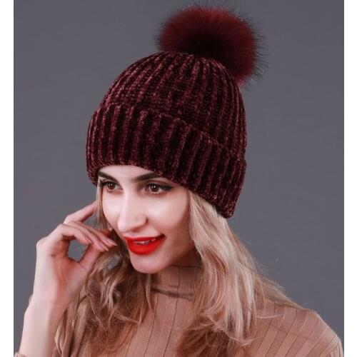 Hat Women Winter Autumn Knit Fake Fur Pompom Beanie Warm Brim Skiing Climb Outdoor Accessory For Girl Teenagers