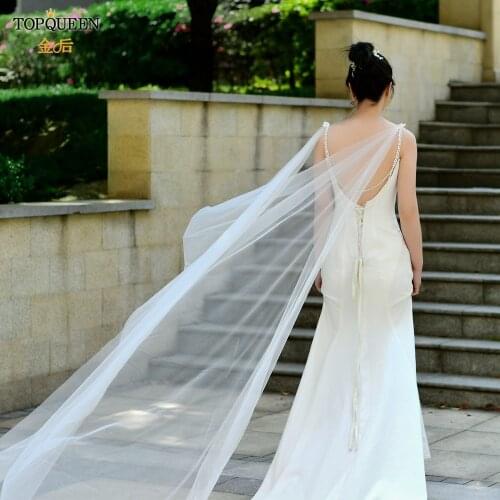 TOPQUEEN G33 Vegan Alternative Draped Wedding Cape Veil Bridal Dress Cover-Up Eco-friendly Pearls Chain Sexy Low Back Shawl