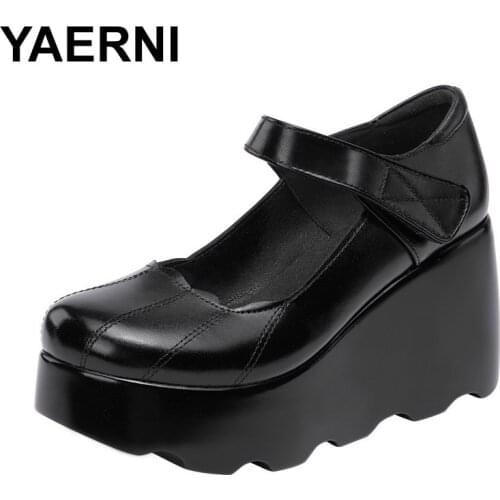 YAERNI2020 autumn leather women platform shoes high heels round toes ankle strap black women pumps big size 35-43
