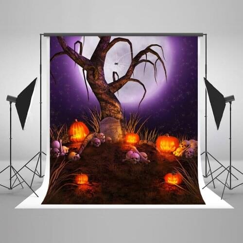 VinylBDS Halloween Moon Photo Backdrops Happy Pumpkin Skull Tree Backgrounds Photography Night Purple for Children Photo Studio