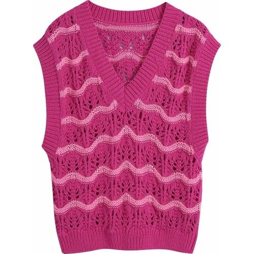 ZA Women 2021 Fashion Stripe Hollow Stitching Knitted Vest Sweater V-neck Vintage Sleeveless Female Waistcoat Chic Tops