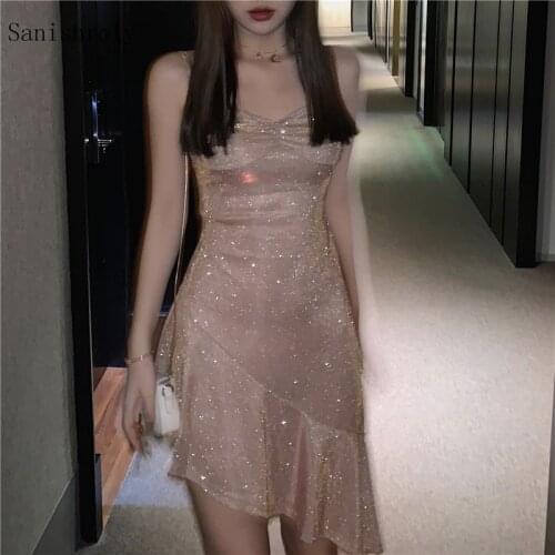 Sanishroly 2021 Sexy V Neck Sequins Spaghetti Strap Dresses Women Sleeveless Trumpet Dress Ladies Mermaid Sexy & Club Vestidos