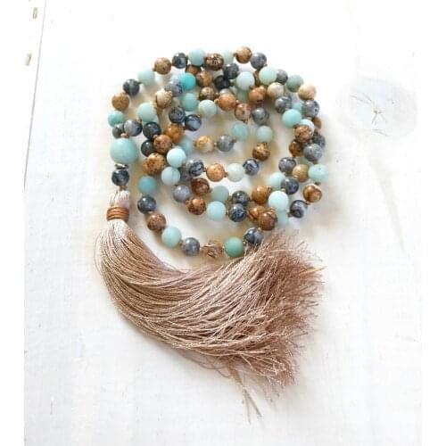 108 MALA NECKLACE Matte Amazonite Mala Bead Necklace picture jaspers Jewelry Long Meditation Tassel Necklace Prayer Yoga Jewelry