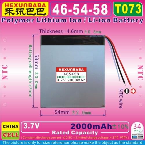 2pcs [T073] 3.7V 2000mAh [465460] NTC THREE 3 WIRE;Polymer lithium ion / Li-ion battery for tablet pc;e-book;cell phone;GPS