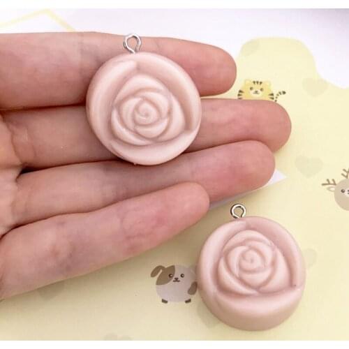 27mm Resin Simulation Solid Pink Rose Flower Pendant DIY Accessories Charms Handmade Necklace Keychains Earrings 50PCS