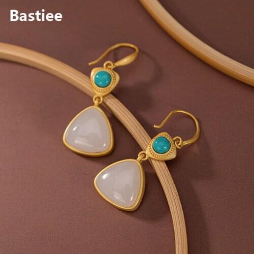 Bastiee Geometric 925 Sterling Silver Earrings For Women Luxury Jewelry Chinese Drop Dangle Earing Jade Turquoise Gold Plated