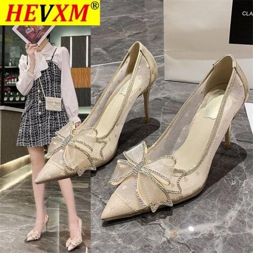 New bowknot High Heel Women Sandals Pointed Toe Lace Mules Sandals Shoes Vintage Heel Women Sandals Fashion wedding heels