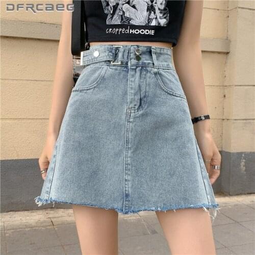 High Waist Summer Denim A-Line Skirts Woman 2021 Streetwear Vintage Blue Buckle Short Jean Skirt Burrs Saia Faldas