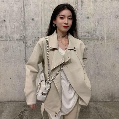 Beige Black Long sleeve Korean Loose Faux Leather Jacket Female Spring Lapel PU Leather Moto Biker jacket Casual Women Clothing