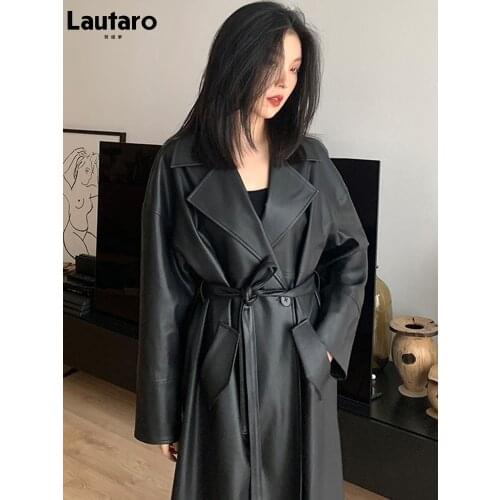Lautaro Spring Autumn Long Oversized Black Leather Trench Coat for Women Sashes Single Button Loose Stylish Korean Fashion 2021