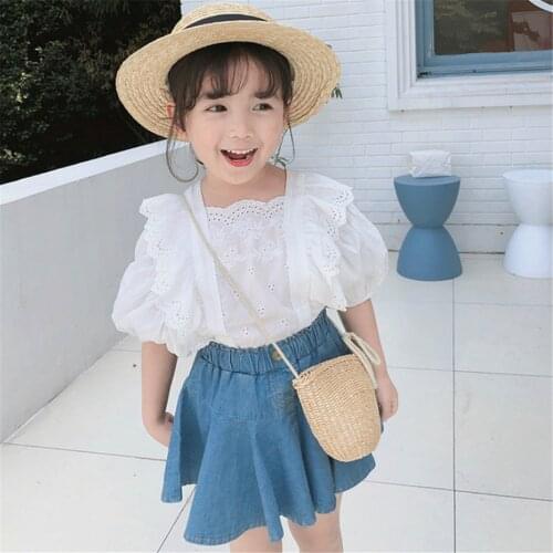 Summer Girls Clothing Sets For Girls Clothes Suits White Lace Ruffle Tops+Denim Skirt 2Pcs Costume Children Clothing Suits