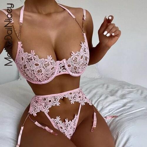 MeiKeDaiNicey 2021 3-Piece Lace Bra Set Women Chain Embroidery Bra Underwire + Thong Underwear Set Ladies Pink Sexy Lingerie Set