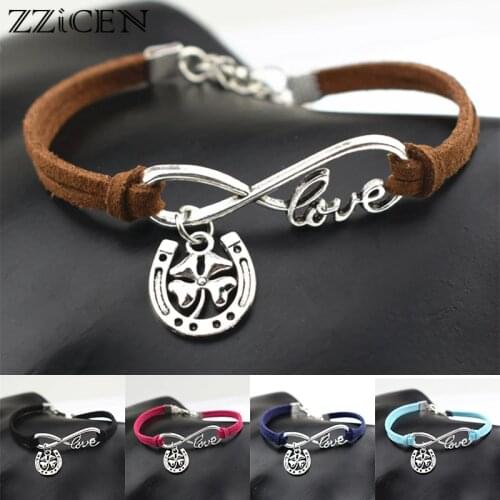 New Infinity Love Horse Horseshoe Leather Bracelet for Women Men Antique Hoof Lucky Gift Four Leaf Clover Charm Bracelets