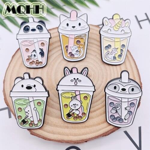 Cartoon Cute Animal Milk Tea Drink Enamel Pins Bear Cat Rabbit Horse Brooch Alloy Badge Sweet Accessories Woman Jewelry Gift