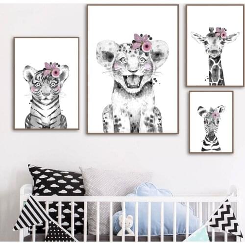 Rabbit Fox Leopard Zebra Giraffe Tiger Flower Wall Art Canvas Painting Nordic Posters And Prints Wall Pictures Kids Room Decor